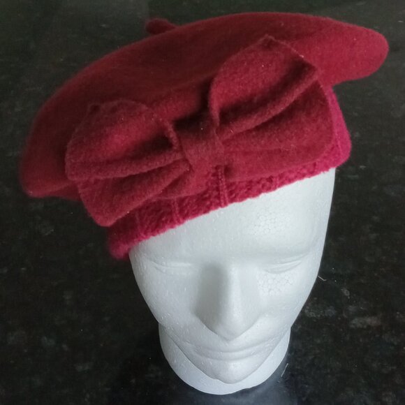 Heavy 100% WOOL Burgundy Beret w/Bow & Magenta Knit Band - Picture 2 of 5